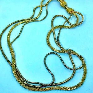 Vintage Three Strand Layer Bright Gold Necklace